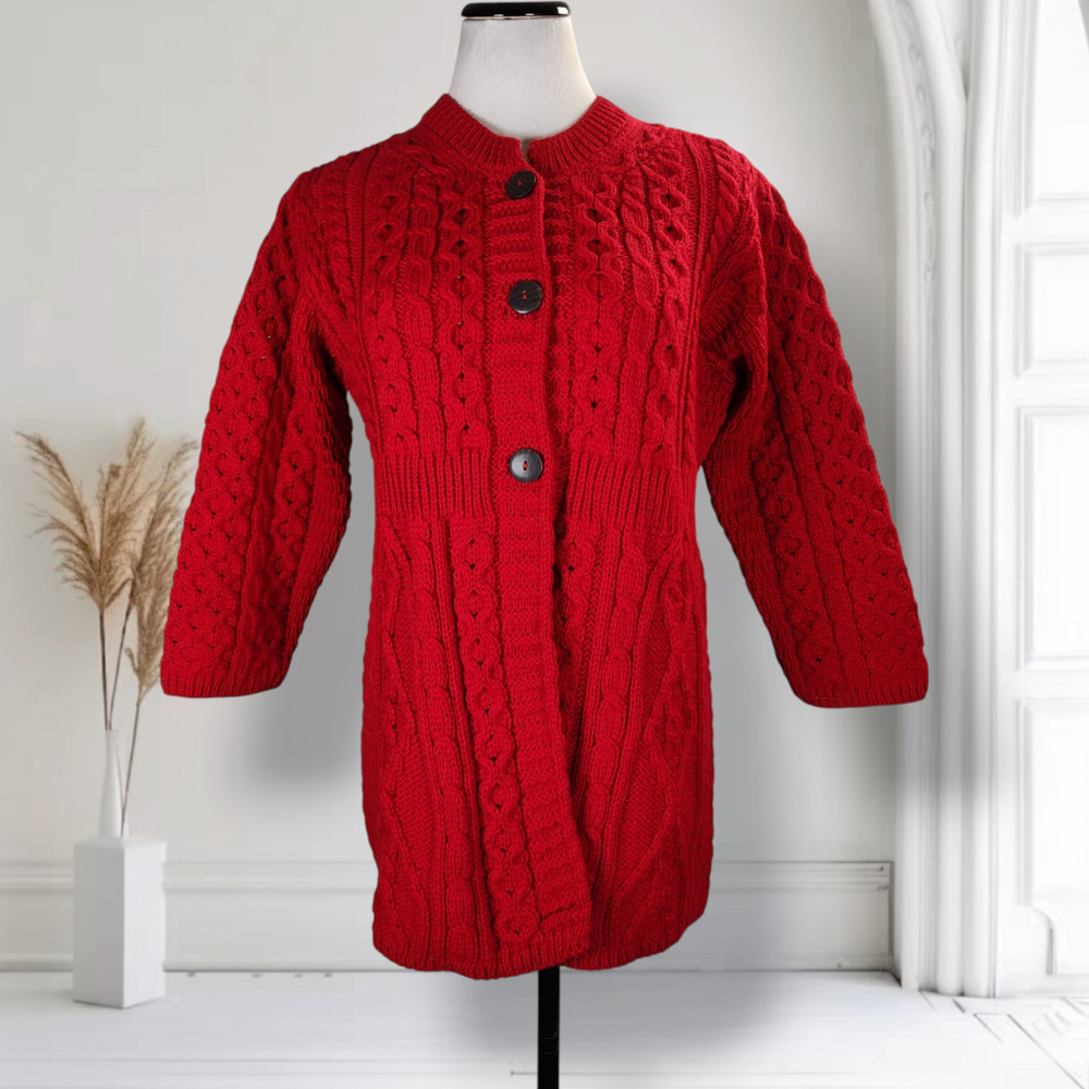 Kilronan Knitwear Irish Merino Wool Cable Knit Cardigan Red Sweater M Ireland